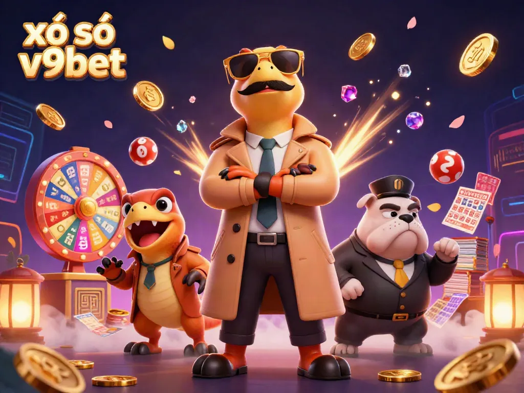 Experience the excitement of xổ số v9bet with animated raptors entering a VIP casino.