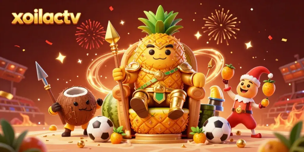 Check out the vibrant sports betting celebration scene featuring xoilactv with a golden pineapple king orchestrating festivities.
