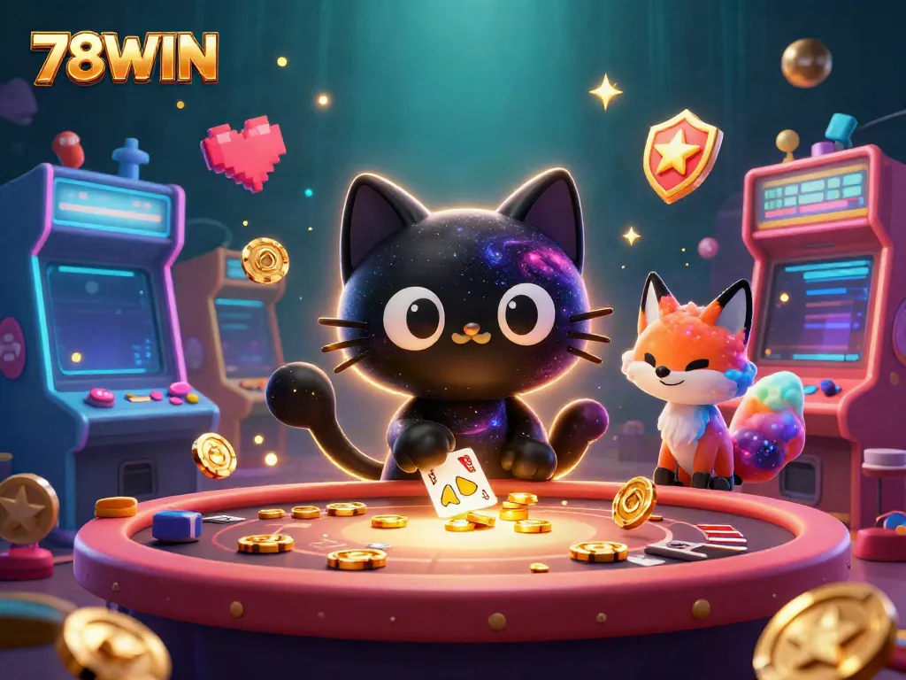 Engage in thrilling gameplay at 78WIN with a mesmerizing cosmic casino scene featuring a black hole cat and vibrant nebula fox.