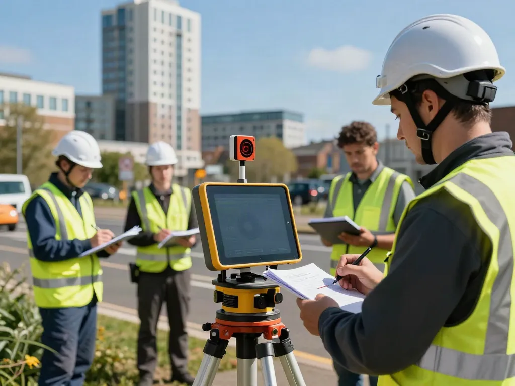 Utility Survey Surrey technician using GPR equipment in urban setting, data collection in action.