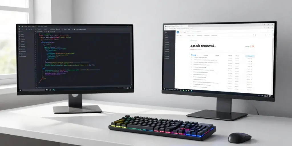 cheap .co.uk renewal guide with software development tools on a sleek workspace