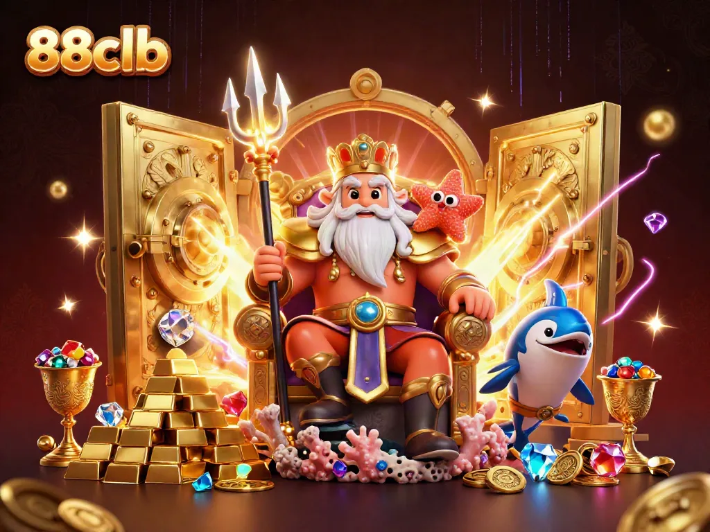Engage in thrilling actions at 88clb with Neptune surrounded by treasure and gaming elements.