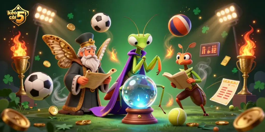 Bet on kèo nhà cái 5 with dynamic visuals of fortune tellers, sports elements, and vibrant colors.