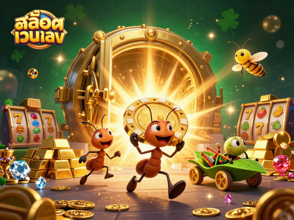 Casino scene with 3D cartoon ants heisting a golden poker chip, emphasizing สล็อตเว็บตรง gameplay.