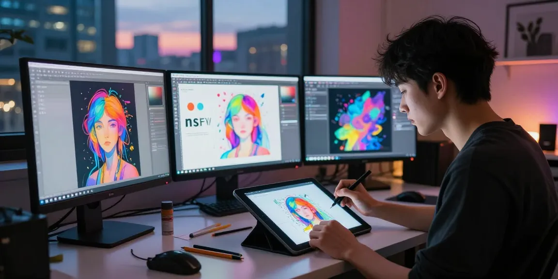 Creative artist illustrating concepts for nsfw ai in a vibrant studio environment, showcasing design innovation.