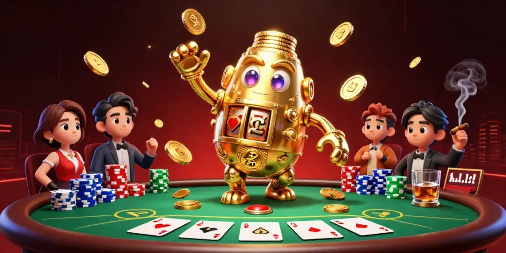 Interact with 7M's thrilling gaming universe through golden golems and poker scenes.