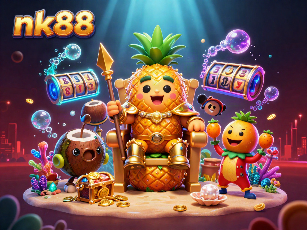 Witness nk88's vibrant casino scene featuring a golden pineapple king amidst colorful gaming elements.