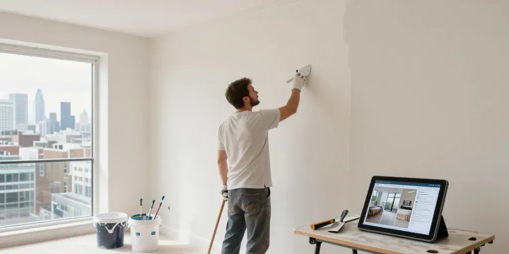 Plastering Service London: Professional plasterer applying finishing plaster in a modern home.