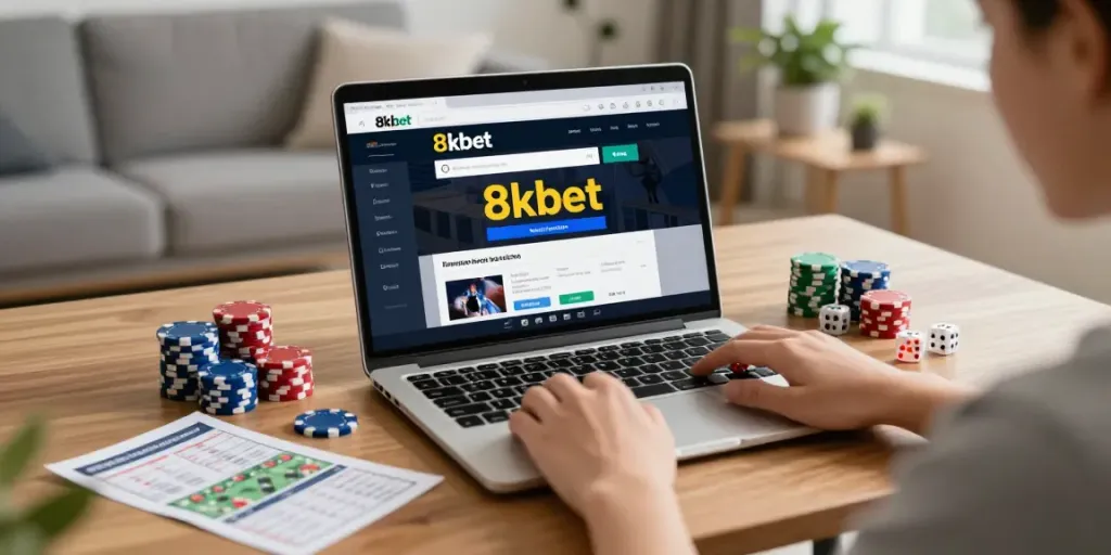 Person enjoying 8kbet online gaming experience at home with laptop and gaming elements.