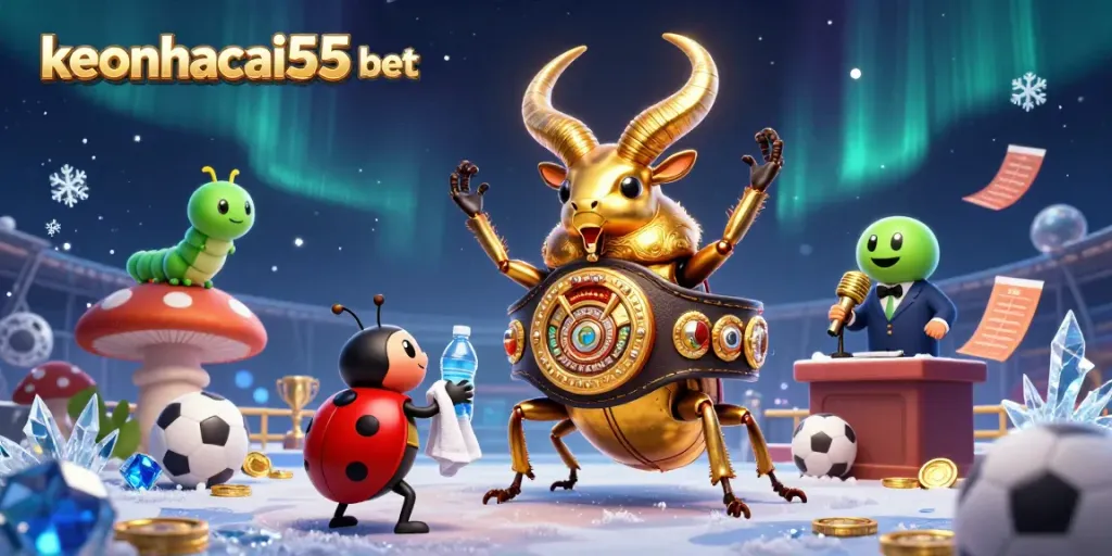 Bet on keonhacai55 bet with an exciting sports betting scene featuring a golden stag beetle and dynamic elements.