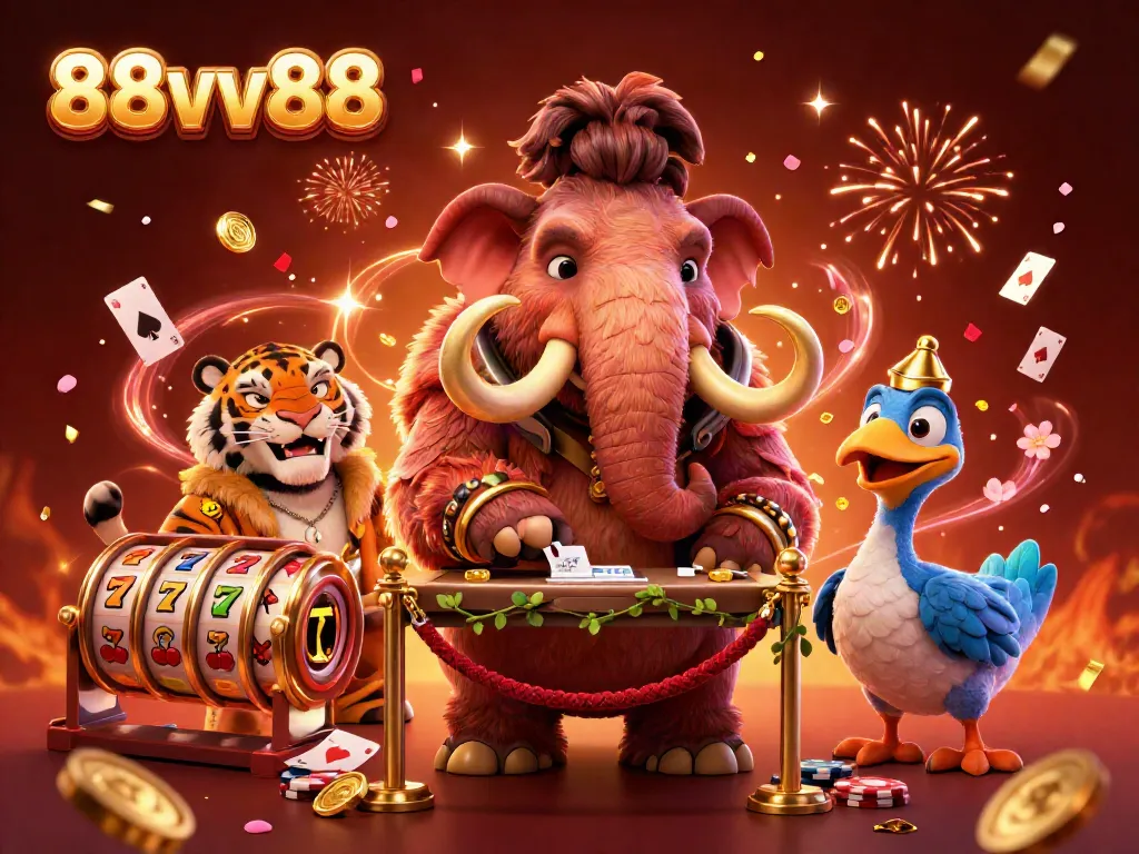 Experience exciting gambling with 88vv88 as a cartoon mammoth bouncer welcomes VIPs to a vibrant casino scene.