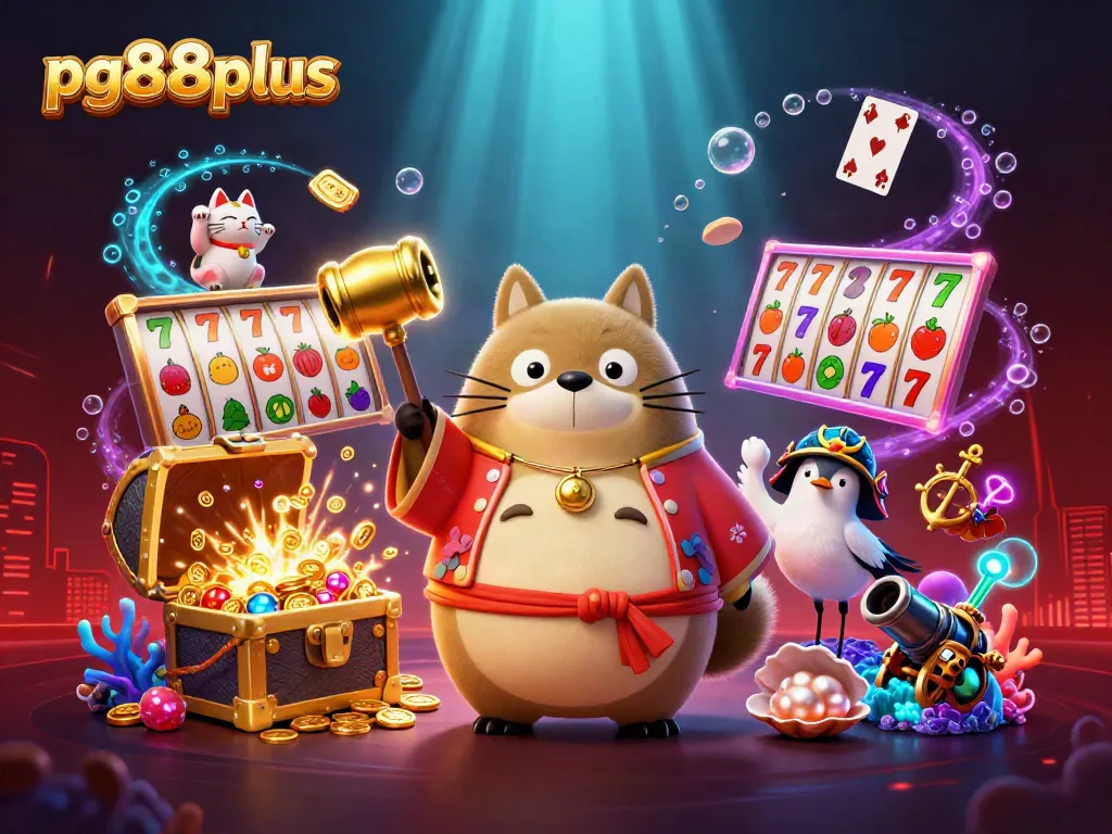 Engage with pg88plus in vibrant casino-themed artwork showcasing exciting slots and lucky symbols.