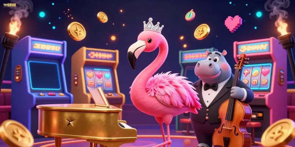 Experience the lively casino scene with uy88vn featuring a singing flamingo, hippo bassist, and slot machines.