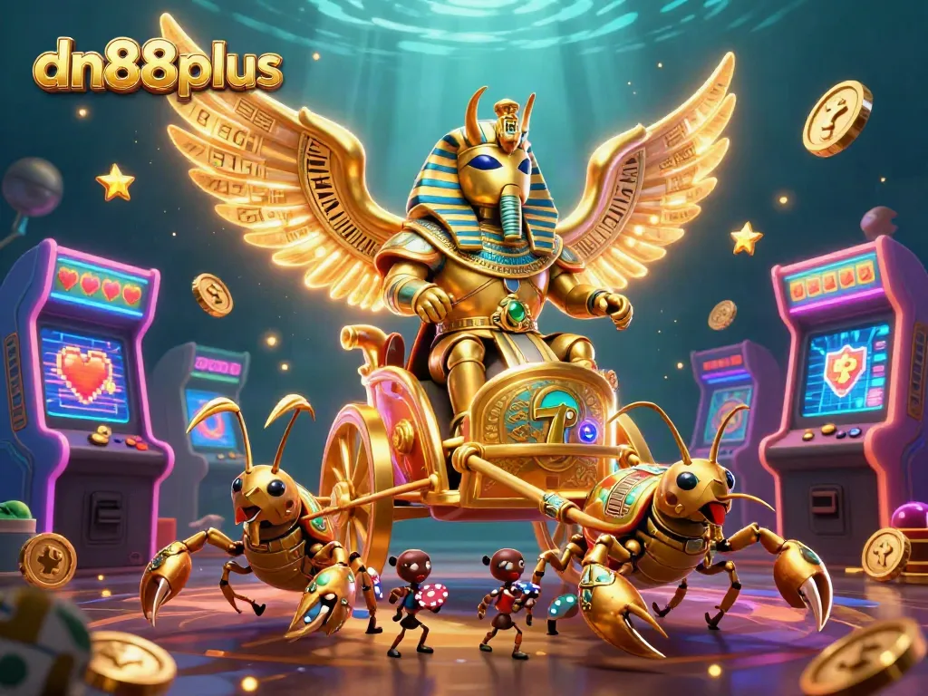 Play thrilling casino games with dn88plus as the golden scarab beetle leads an exciting adventure filled with poker chips and glowing elements.