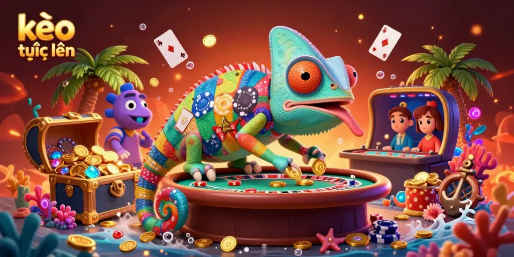 Experience thrilling kèo trực tuyến action with a vibrant casino scene featuring a chameleon owner and captivating game elements.