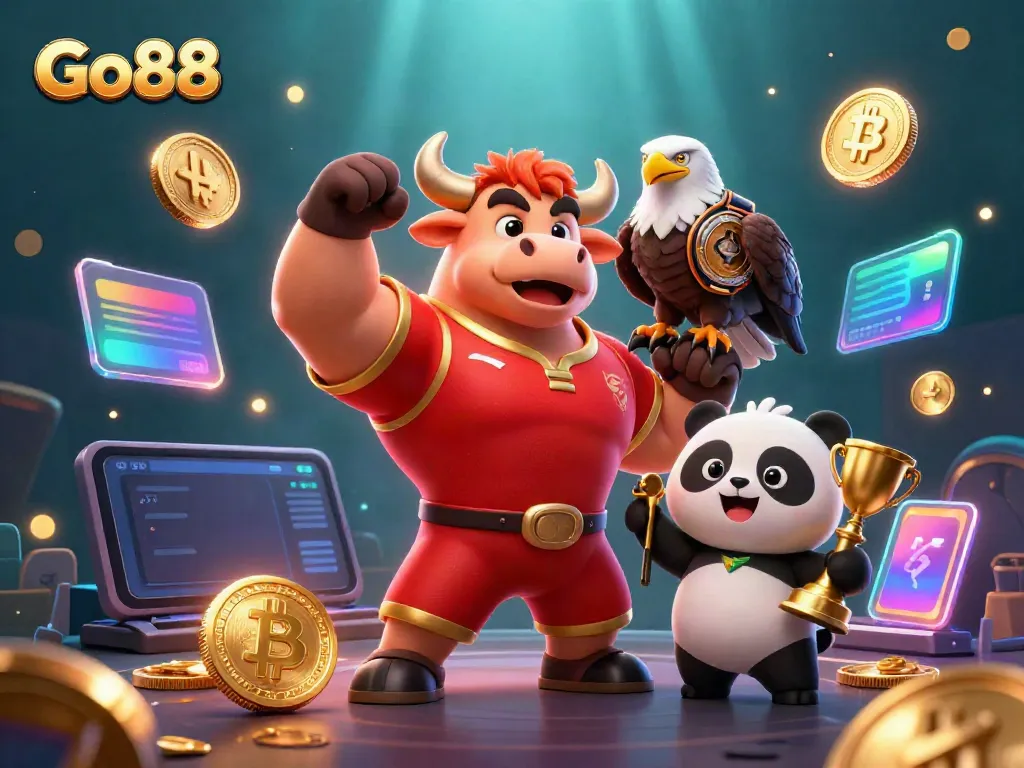 Win big with Go88 at this vibrant 3D casino, featuring a bull mascot and crypto elements.