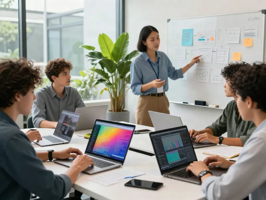 Paid Ads Management team collaborating in a contemporary office setting with digital strategy tools.