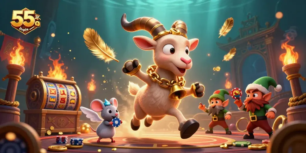 Experience the thrill of 55 club login with characters engaged in festive gaming adventures.