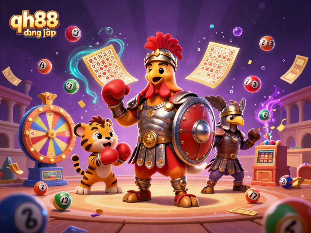 Experience seamless qh88 đăng nhập with dynamic game elements in a vibrant 3D casino illustration.