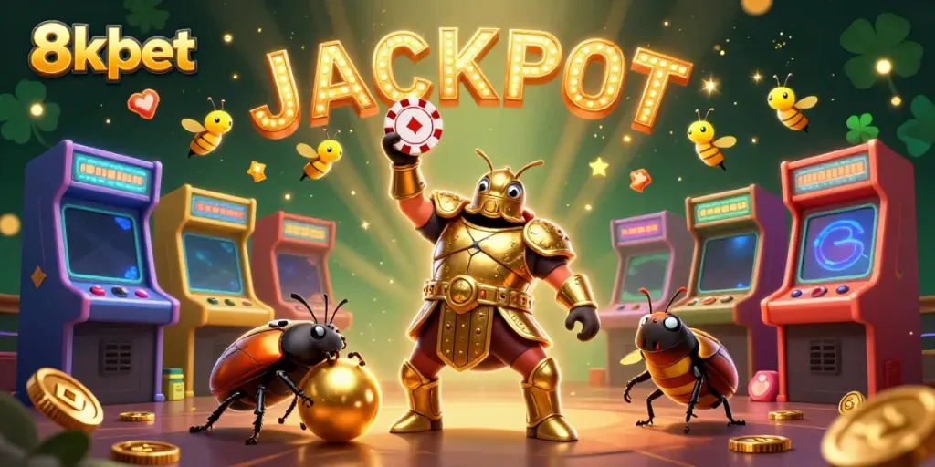 Engage with 8xbet’s vibrant casino experience featuring a gladiator beetle lifting a winning poker chip.