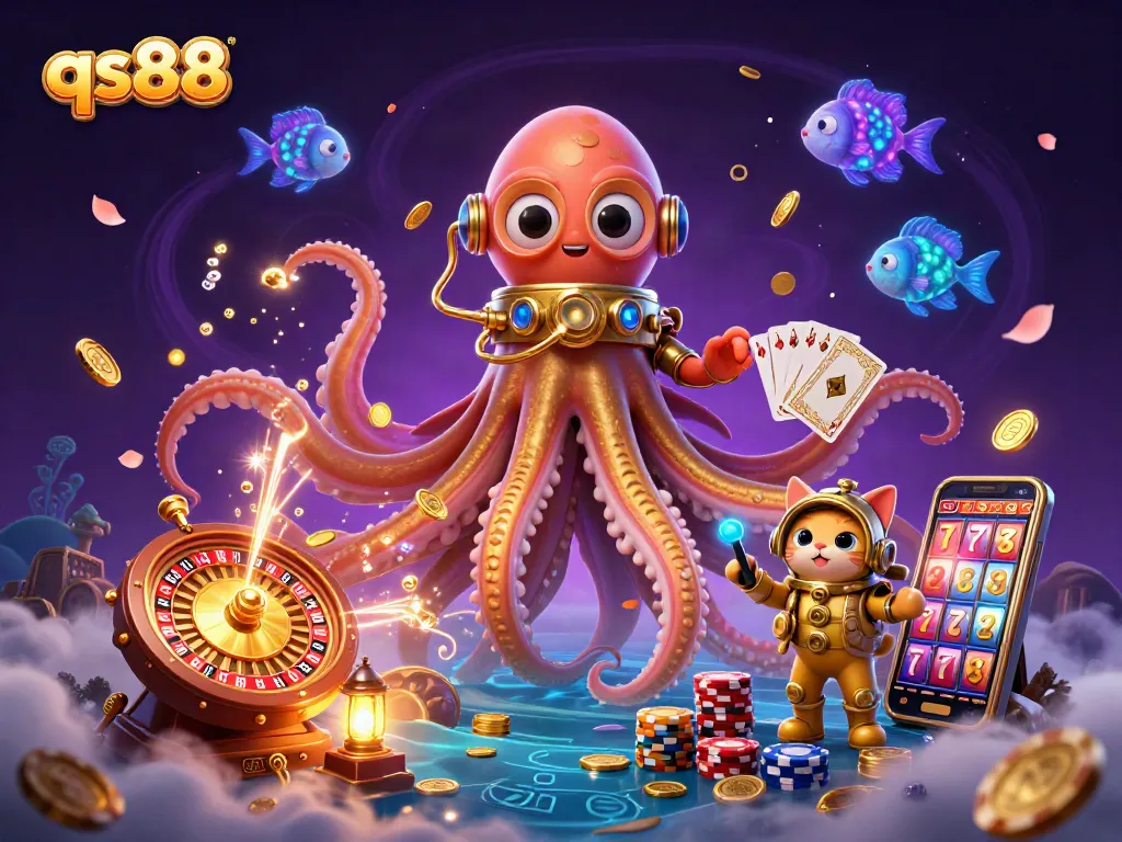 Play exciting slots with qs88, featuring dynamic scenes of kraken and diving cat amid casino treasures