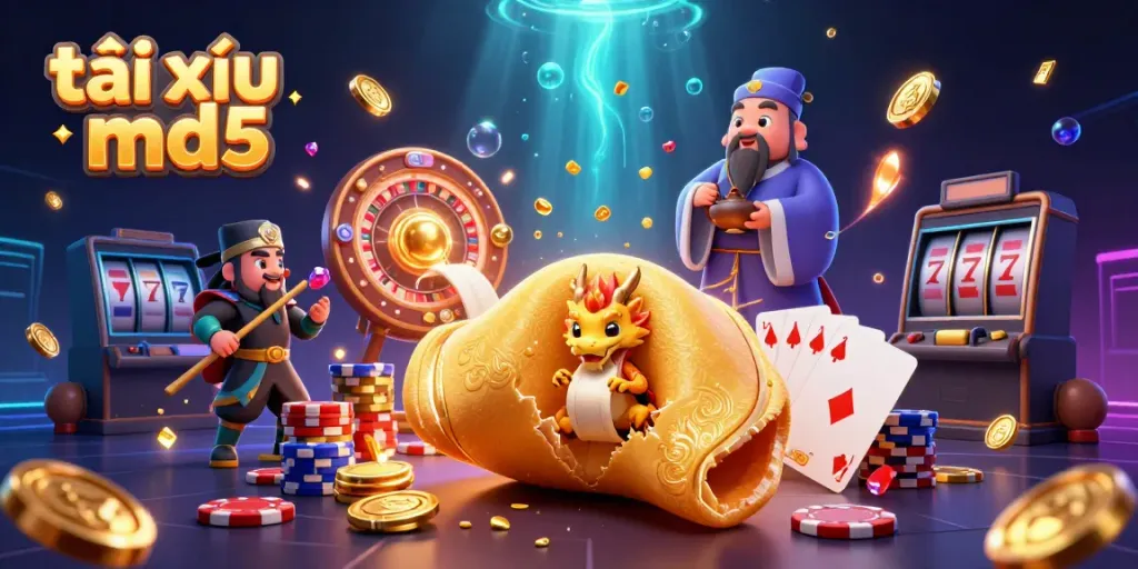 Experience the thrilling excitement of tài xỉu md5 with a vibrant 3D casino illustration showcasing fortune and dragon characters.