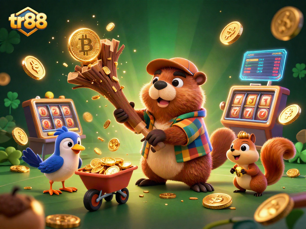 tr88 casino illustration showcasing a beaver and friends collecting coins in a vibrant gaming scene.