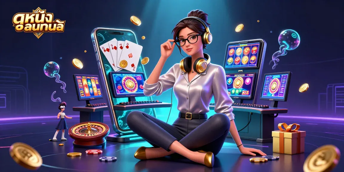Engagingly play ดูหนังออนไลน์ with elegant woman at a gaming setup filled with slots, coins, and cards.