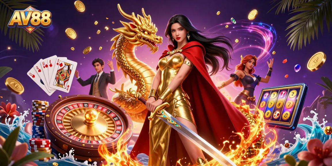 Engage in AV88 with a dynamic scene of a warrior queen and casino elements