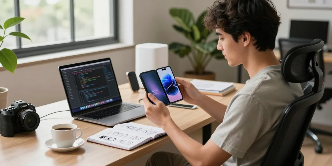 Tech enthusiast showcasing a tri-fold phone at a modern workspace.