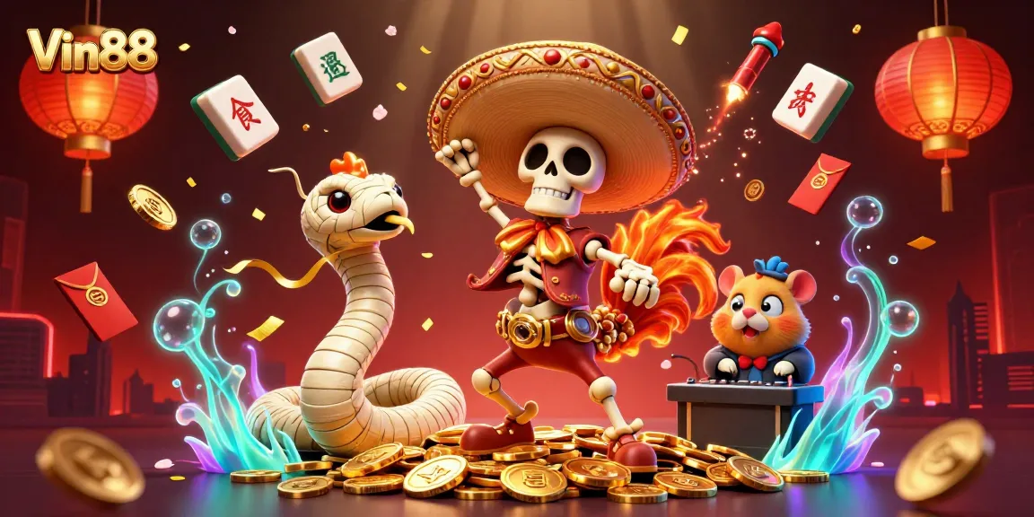 Experience Vin88 with a vivid casino scene featuring dynamic cartoon characters celebrating on gold coins surrounded by games.