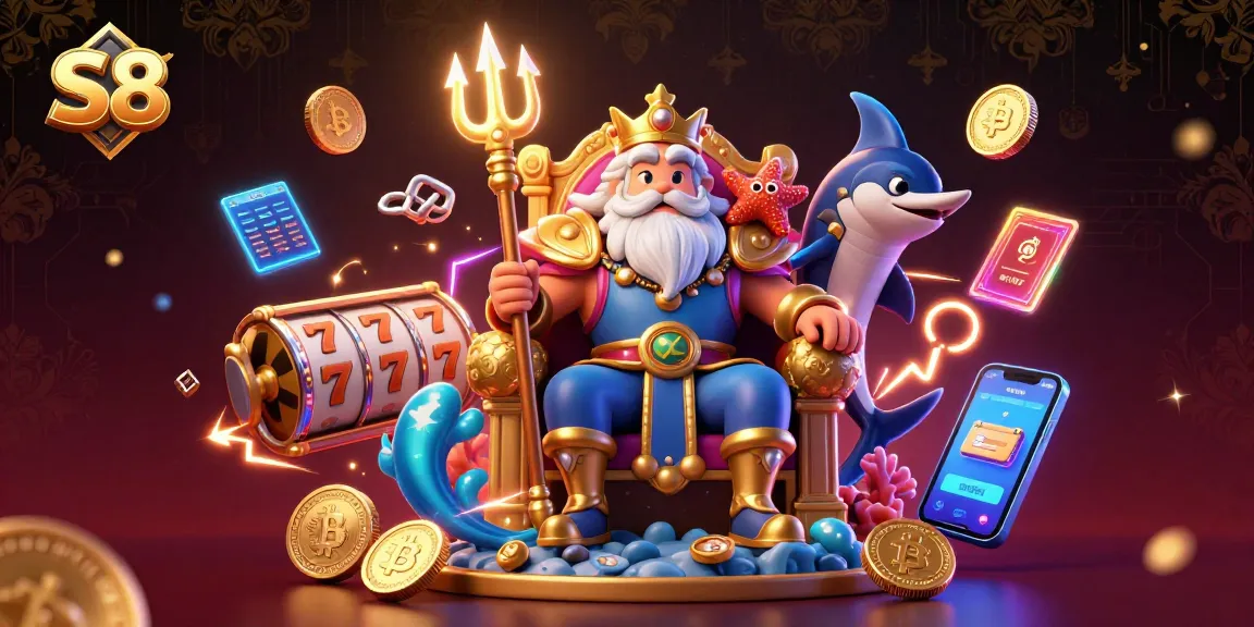 S8 casino illustration featuring Neptune and samurai amidst slot reels and crypto coins