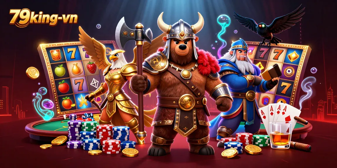 Engage in thrilling slots and jackpots at 79king-vn with vibrant casino elements and characters.