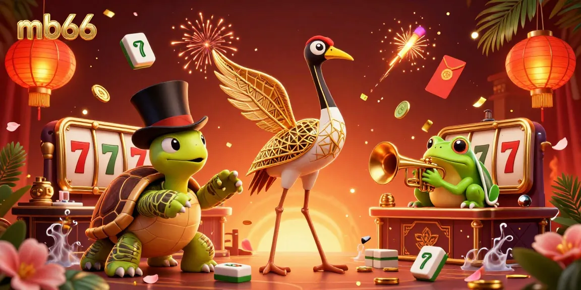Spin the reels at mb66, featuring a vibrant scene with a carnival crane, turtle, and trumpet-playing frog.