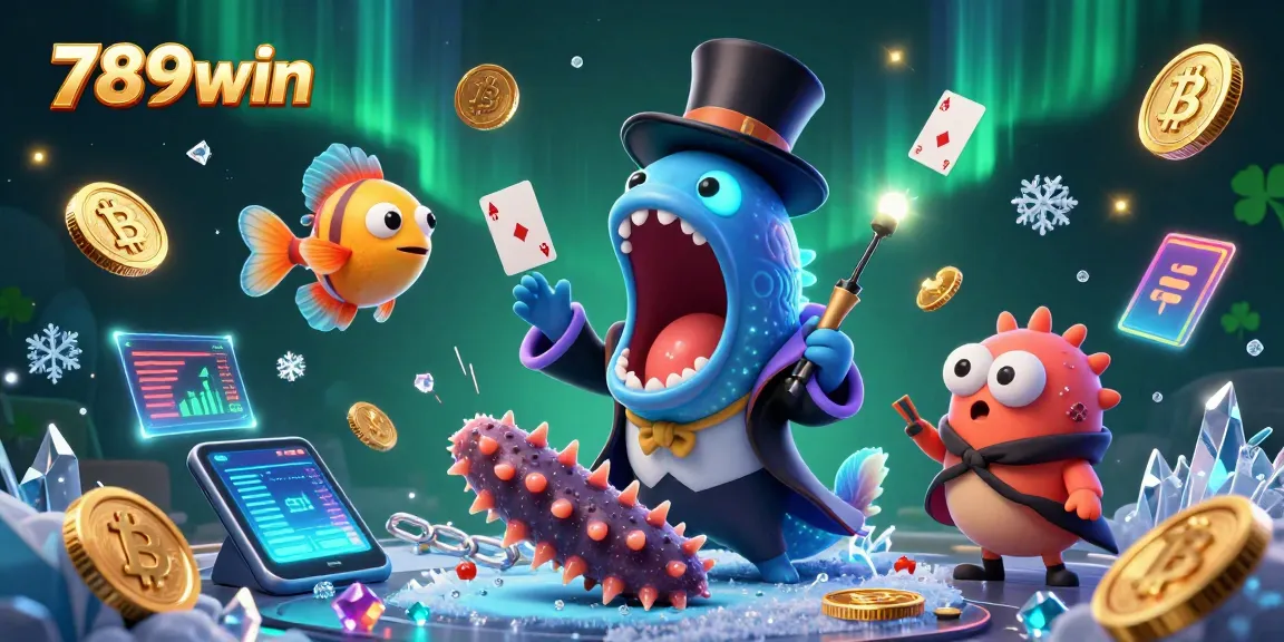 Engage in magic with the quirky 789win characters, where a gulper eel performs card tricks amidst vibrant casino elements.