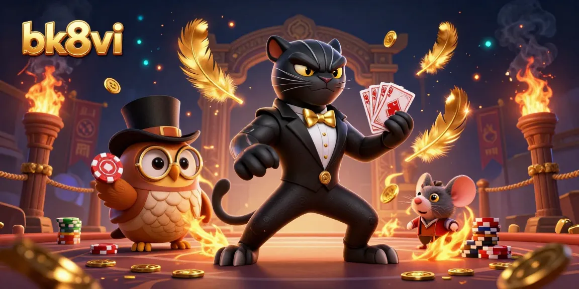 Engage in the thrilling world of bk8vi as a stylish panther deals poker cards amidst a vibrant casino scene.