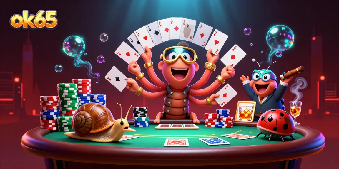 Engage with ok65 in this vibrant gambling scene featuring a millipede dealer and high-roller snail.