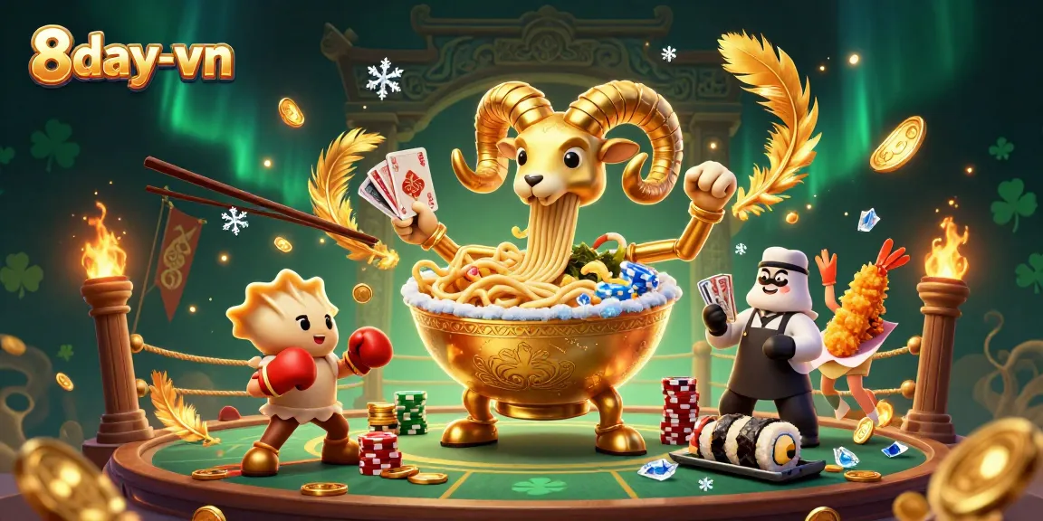 Experience exciting gaming at 8day-vn with vibrant characters, gold coins, and dynamic action in this 3D casino scene.