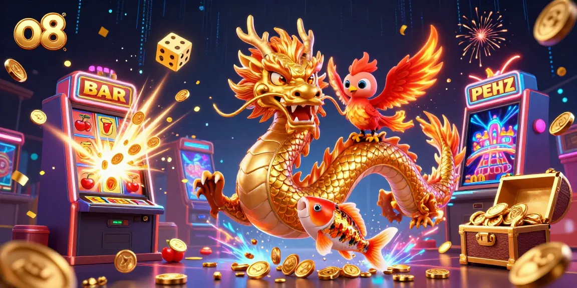 Experience thrilling gameplay with o8, featuring a fierce golden dragon, phoenix, and koi fish amidst a casino explosion of luck.