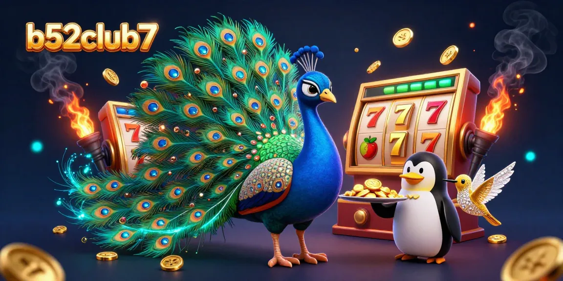 Experience excitement at b52club7 with a vibrant jackpot scene featuring a luxurious peacock and thrilling game elements.