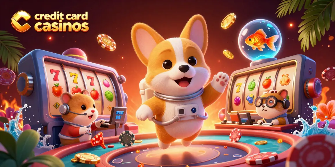 Experience gaming fun in credit card casinos with a floating corgi and vibrant slot reels in a dynamic scene.