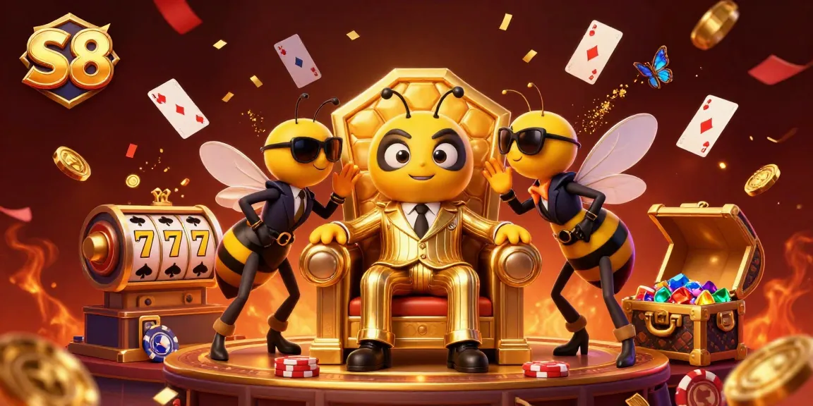 S8 showcases a vibrant 3D casino scene, featuring a cartoon mob boss among casino elements like poker chips and slot reels.