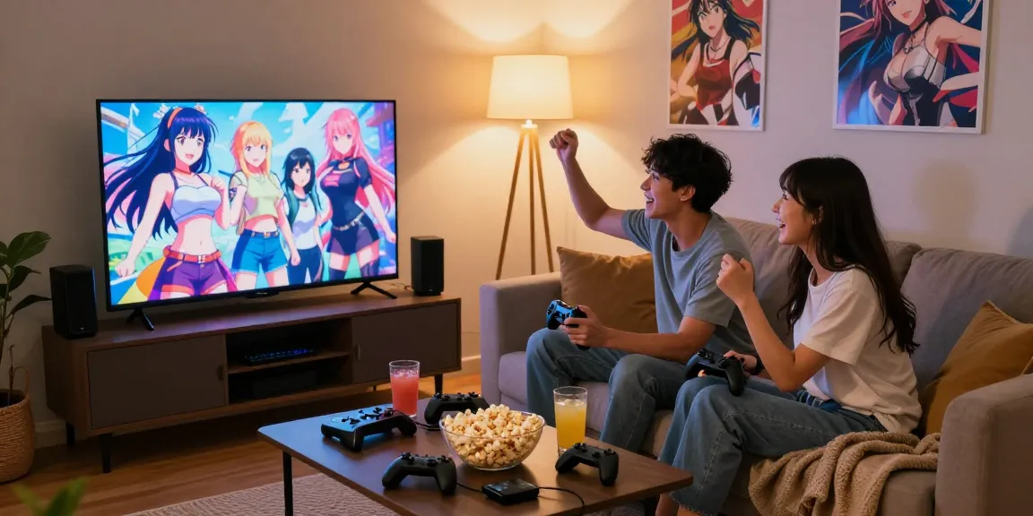 Enjoying a playful evening as couple plays hentai games in cozy living room.