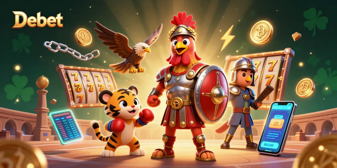 Engage with exciting gaming at Debet, highlighting a vibrant 3D scene with gladiators and crypto elements.