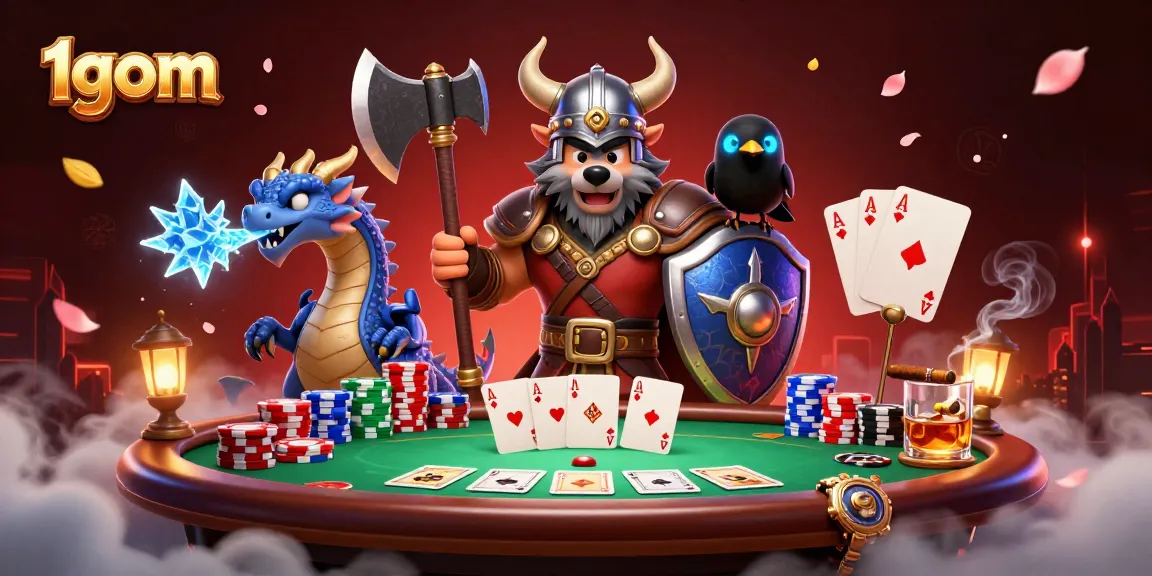 Engage in thrilling betting strategies with 1gom's dynamic gaming illustration showcasing Viking warriors and poker elements.