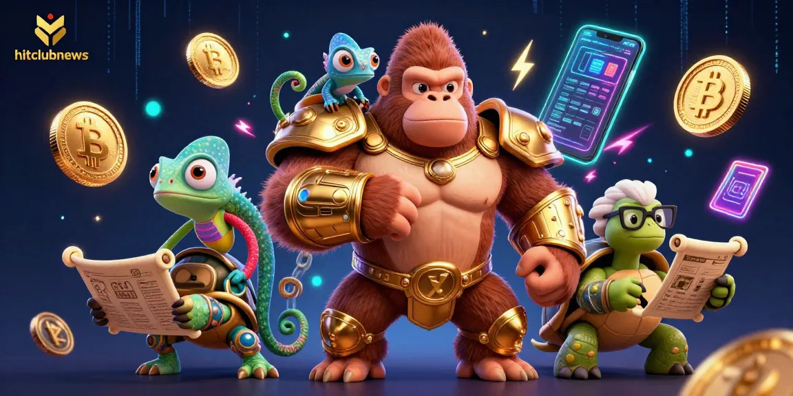 Join the excitement at hitclubnews with vibrant crypto-themed casino illustration featuring a powerful gorilla and companions.