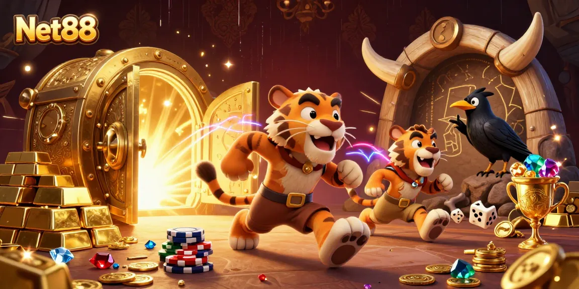 Experience Net88's vibrant prehistoric casino with colorful characters amidst treasures and games.