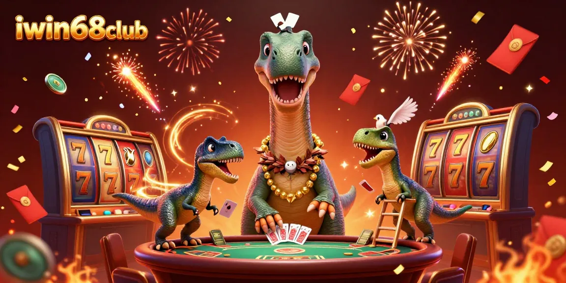Experience the excitement of iwin68club with a dinosaur-themed casino illustration featuring a brontosaurus and raptor.