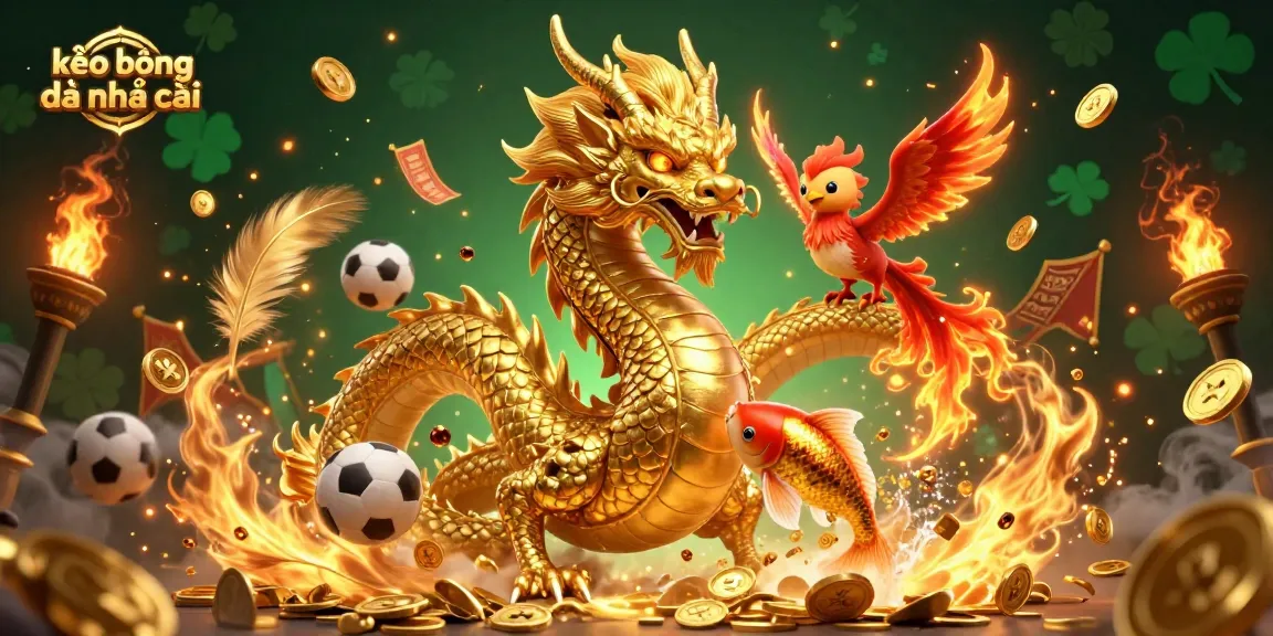 Engage with kèo bóng đá nhà cái as a golden dragon and phoenix navigate a vibrant sports betting scene with dynamic elements.