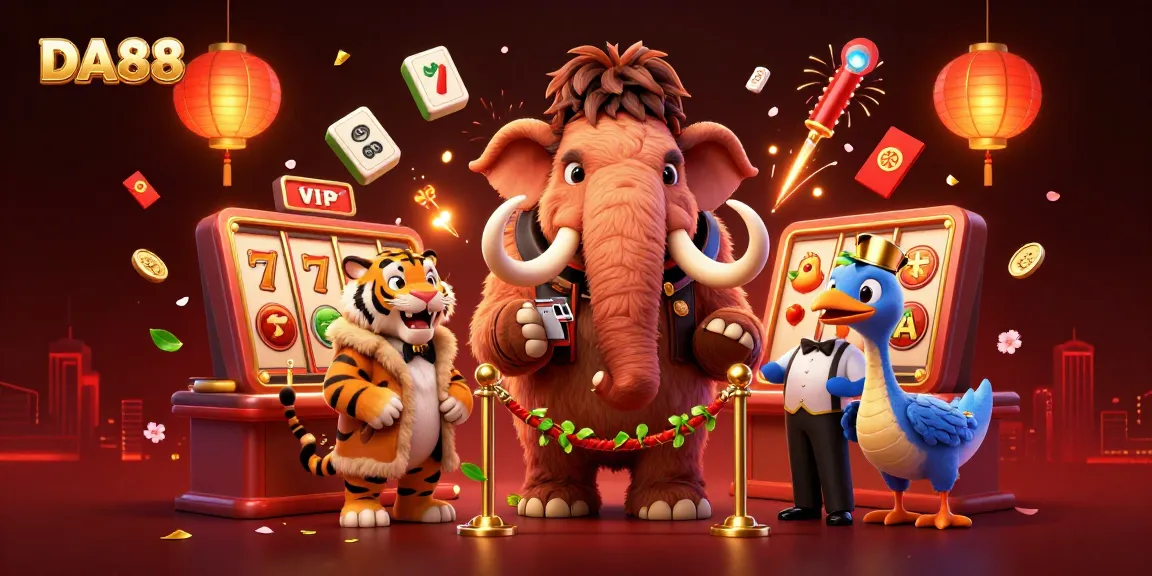 Engage with DA88 in this dynamic illustration featuring a woolly mammoth bouncer, saber-tooth tiger, and dodo bird at a vibrant casino entrance.
